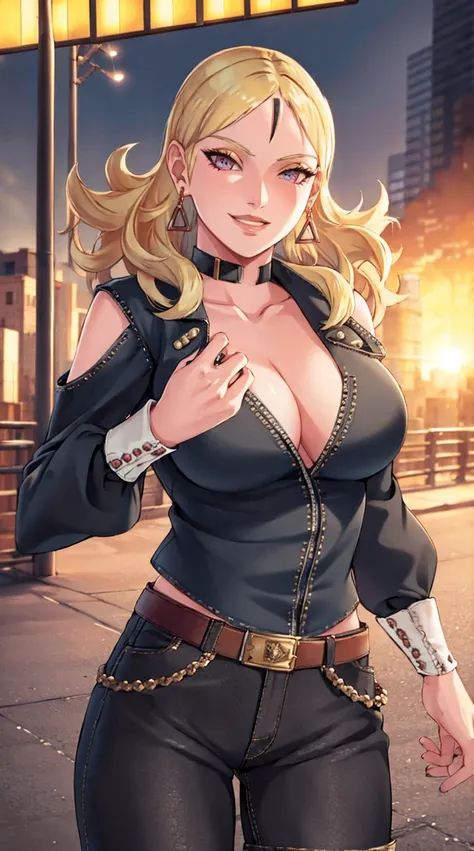 1girl,cowboy shot, beautiful Delta, earrings, blonde hair, looking at viewer, smile, shirt, pants, belt, dynamic pose,choker, black jacket, city, smile, outdoors, volumetric lighting, best quality, masterpiece, intricate details, tonemapping, sharp focus, ...