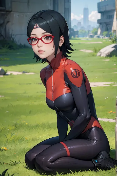 (Sarada Uchiha,short hair,black hair,glasses),full body picture Unreal Engine 5 8K UHD of beautiful girl, green Japanese style long hair, ((wearing futuristic black tight battle suit)), half face mask, (futuristic neck collar), grass green light details, b...