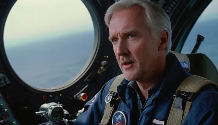 A scene close-up from a Film directed by James Cameron James Cameron, 2024s, science fiction movie, action, fury, no glitches, A Handsome Pilot, piloting a futuristic ship, serious, focused, James Cameron style, dramatic action shot, award winning, Truth c...