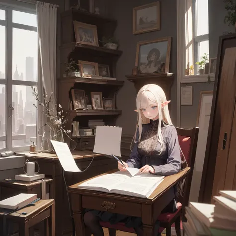 masterpiece, best quality, 1girl, elf studying in her studio apartment, Manhattan, cluttered