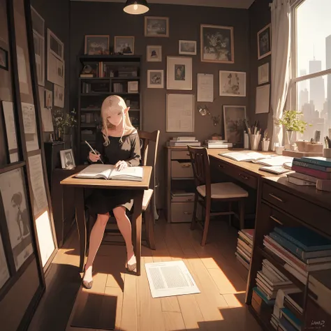 masterpiece, best quality, 1girl, elf studying in her studio apartment, Manhattan, cluttered