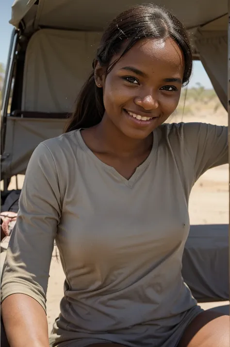 a beautiful girl from botswana in the safari heat smilling, 