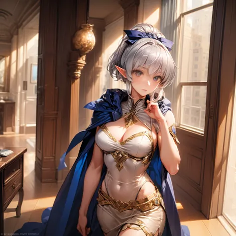 masterpiece, best quality, 1girl, elf studying in her studio apartment, manhattan, cluttered, high elf toned body, silver breast...