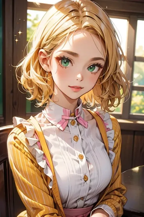 She is wearing a green long-sleeved dress with orange stripes on the sleeves and hem。, It has an orange ruffled collar.. She also has blonde curly hair, eyelash, Pink lipstick.  Shine; glitter