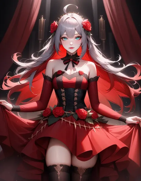 destiny (takt op.), cowboy shot, 
1girl, solo, 
(aqua eyes, eye reflection), (ahoge, colored inner hair, multicolored hair, grey hair, red hair, two-tone hair),
neck ribbon, crown of thorns, thorns, (red cape, dress flower), detached sleeves, hair flower, ...