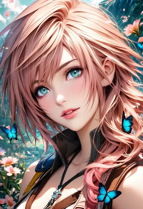 Ultra detailed, Highres, absurdres, HDR, Claire Farron, pale aqua eyes, wavy pink short hair, Final Fantasy XIII, beautiful, 1 woman only, very detailed face and eyes, flowers and petals, butterflies, Lightning Farron,