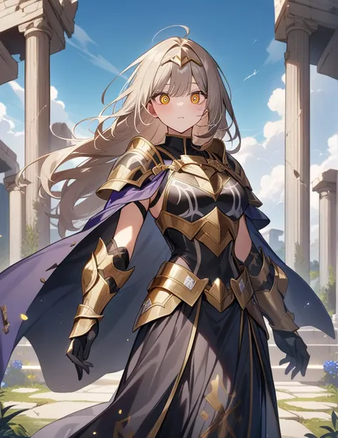 1girl,(16k, masterpiece, best quality), ultra-detailed, detailed beautiful round eyes, beautifully detailed face, high quality, high resolution, (libra saint armor), greek ruins, logo zodiac libra