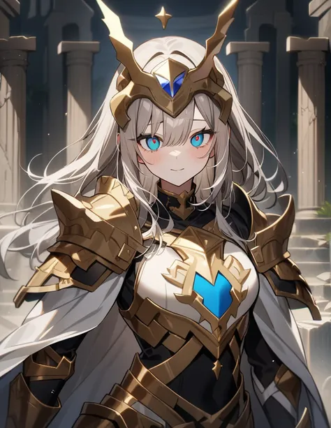 1girl,(16k, masterpiece, best quality), ultra-detailed, detailed beautiful round eyes, beautifully detailed face, high quality, high resolution, (libra saint armor), greek ruins, logo zodiac libra