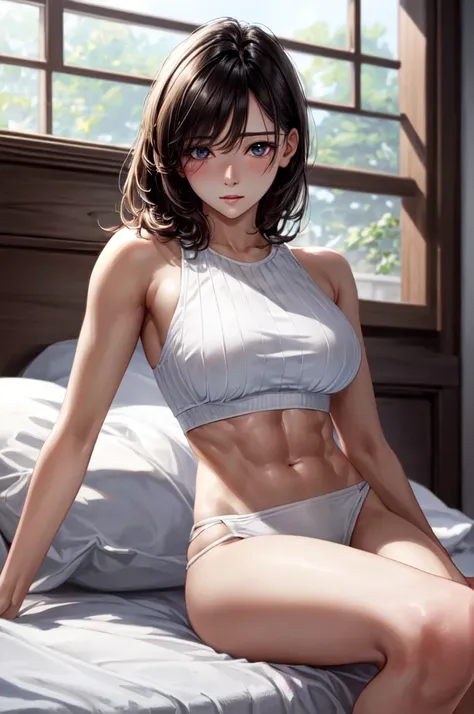 ((Realistic lighting, best qualtiy, 8k, tmasterpiece:1.3)), sharp fokus:1.2, 1girl, Beautiful Women with Perfect Figure:1.4, Slim abs:1.1, ((dark brown  hair)), (White crop top:1.4）,（exteriors，during night：1.1），Sit on the indoor bed，Ultra-fine face，Fine ey...