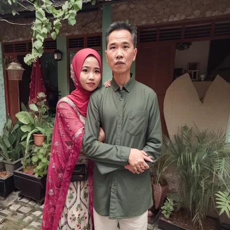 they are standing in front of a house with a plant, full protrait, protrait, couple, potrait, lovely couple, momma and papa, a picture, an indonesian family portrait, wpol and sarasti, happy couple, full device, photo portrait, old picture, photo taken in ...