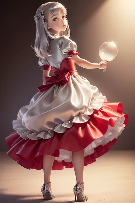 ((holding a silver ballon)), (((full body))), real photo, 10 years old girl, Brat female , drawers, ((looking back at me)), long glove, red dress shoes,