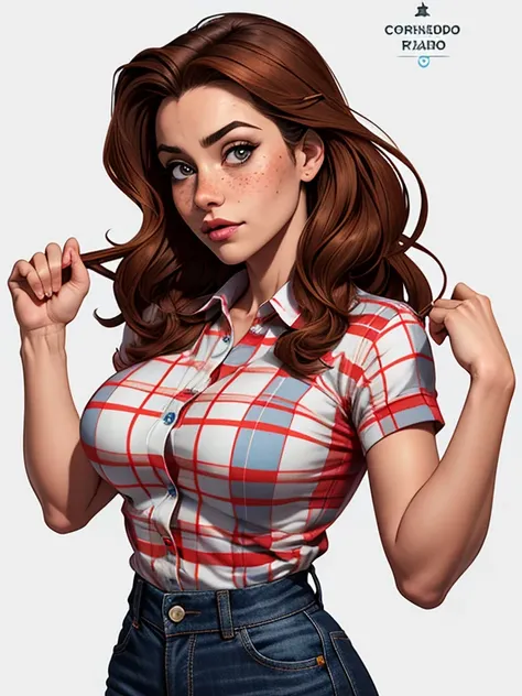 Character style illustration style Completely bare breasts showing a little fear Breast size Cartoon name: Isabella Cruz white background medium breasts freckled face Hermione Granger actress strong contours Physical description - long straight hair, tingi...