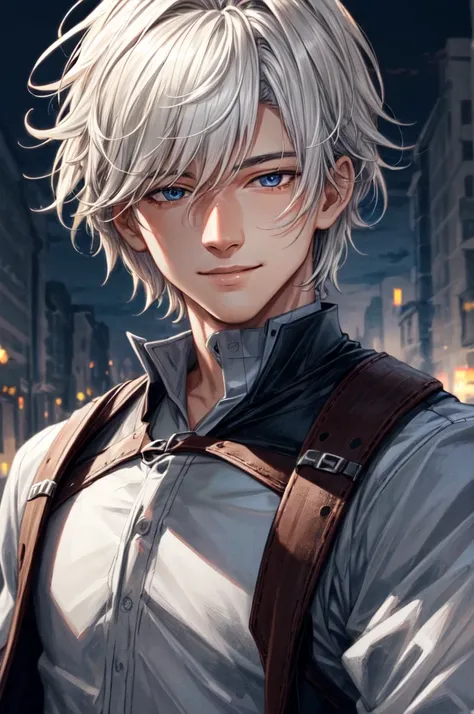 masculine male, masterpiece, ((perfect eyes)) best quality, (semirealism:1.9), beautiful lighting, (extremely detailed CG unity 4k fhd wallpaper), High Detail, Sharp focus, dramatic outdoors, 1 boy ,19 years old, white hair, light purpel eyes, smile.