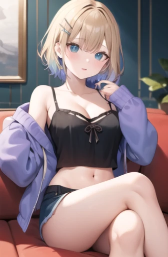 masterpiece, best quality, highres, ccnoah, medium hair, multicolored hair, hairclip, cleavage, black camisole, blue jacket, (striped jacket:1.1), long sleeves, sleeves past wrists, navel, shorts, indoors, living room, sofa, sitting, crossed legs,