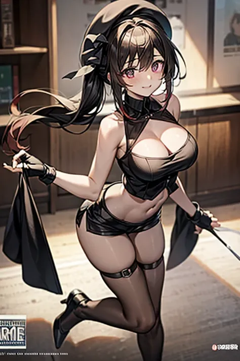 ubel,((ubel of Frieren: Beyond Journeys End )),dark green hair,long hair,side ponytail,hair between eyes,bangs, BREAK (beret, black jacket, open clothes, cleavage, midriff, black shorts, black thighhighs, thigh strap, fingerless gloves, single glove:1.2) ,...