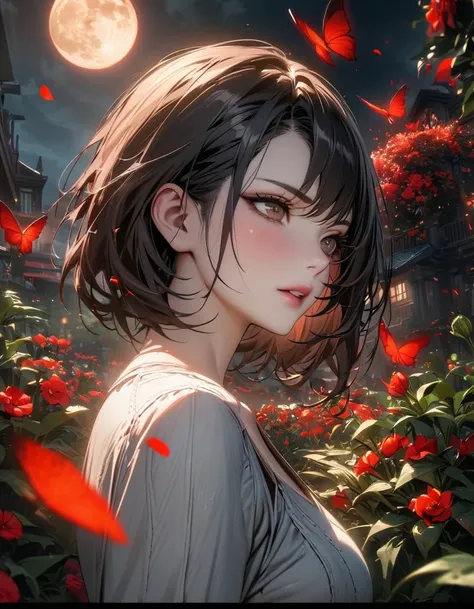 absurdres, highres, ultra detailed, HDR, masterpiece, Ada Wong, black short hair, expressive brown eyes, Resident Evil 6, 1woman, extremely beautiful, garden, red petals, red flowers, red butterflies, moon