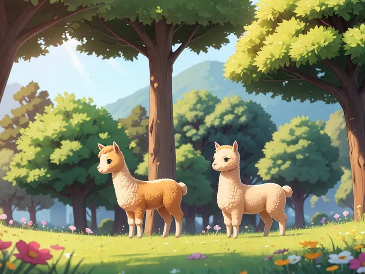 Colorful, vibrant alpaca grazing peacefully in a lush green meadow, surrounded by blooming wildflowers and tall, swaying grass. The alpaca has a soft and fluffy coat, with intricate patterns and various shades of brown, white, and gray. Its friendly eyes a...