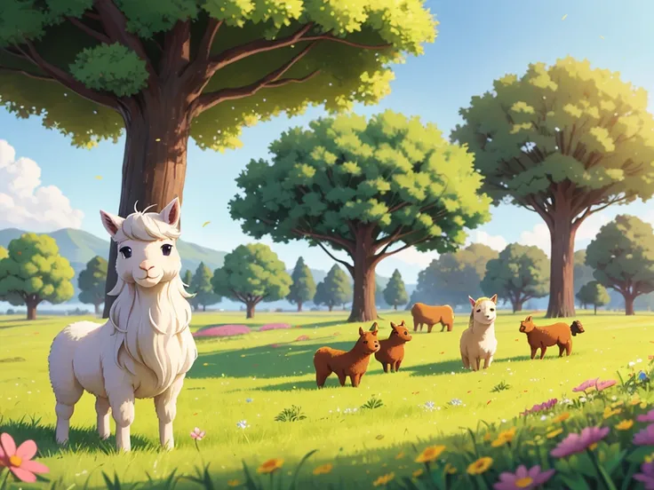 Colorful, vibrant alpaca grazing peacefully in a lush green meadow, surrounded by blooming wildflowers and tall, swaying grass. The alpaca has a soft and fluffy coat, with intricate patterns and various shades of brown, white, and gray. Its friendly eyes a...