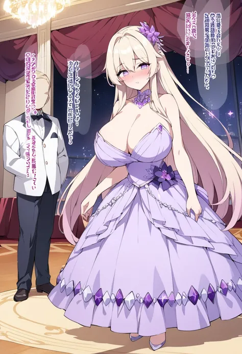 Cristalina, 20 years old, long hair, light blonde, lilac eyes, huge breasts, wearing a lilac ball gown with purple crystals, standing in the ballroom watching news about the prince at night.hentai