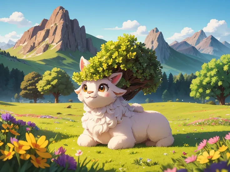 a fluffy alpaca with soft, curly fur, big expressive eyes, and a gentle smile,in a vibrant green meadow, surrounded by colorful ...