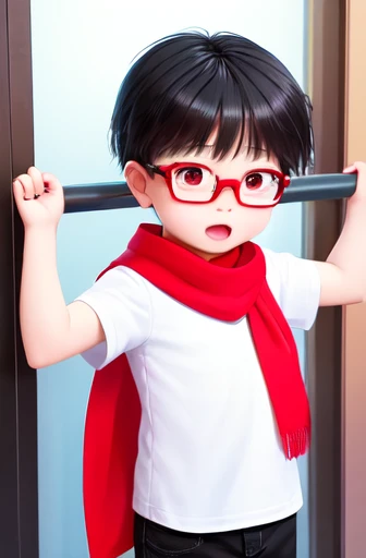 A Chinese 4yr old boy, in school uiform shorts, short sleeve shirt and red scarf, super detailed, cute, white , with thin glasses, and black hair, full body, detailed, hyperealistic