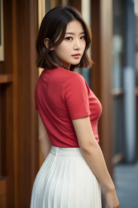 40-year-old Taiwanese woman，Height 175 cm，single eyelid，Round Face，Brown short hair，White tight T-shirt，Large sagging breasts，，Pleated Skirt , actual，Cinema-like feeling，Back，Upper body close-up，Raw, best quality