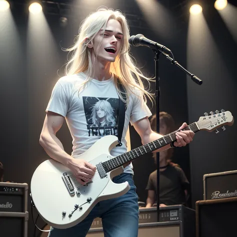 1 boy, Beautiful 25 year old man, Long beautiful blonde hair, White skin, Black Rock T-Shirt,Perforated denim,White boots,Playing a realistic 6-string white electric guitar,spotlight shines on,Rock Concert Stage,Playing the guitar with an ecstatic expressi...