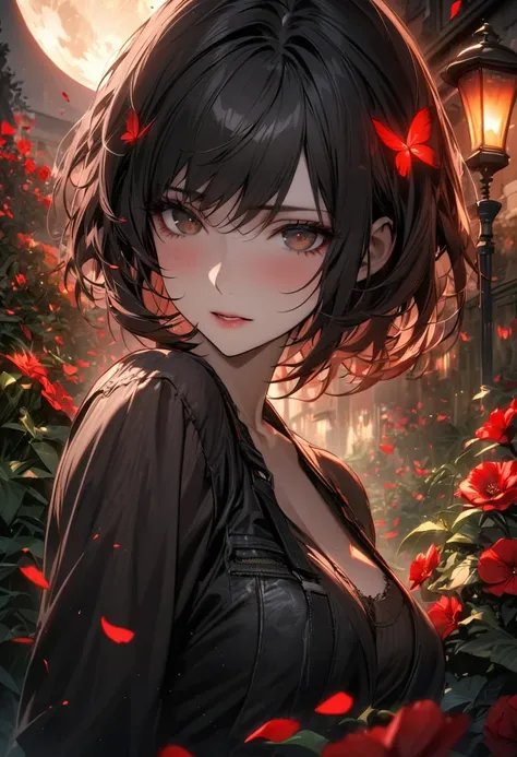 absurdres, highres, ultra detailed, HDR, masterpiece, Eida Won, black short hair, expressive brown eyes, Resident Evil 6, 1woman, extremely beautiful, garden, red petals, red flowers, red butterflies, moon