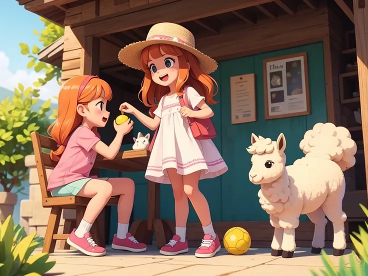 an alpaca playing with a girl