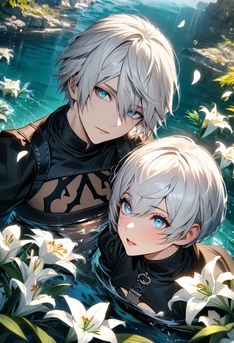 Ultra detailed, Highres, absurdres, HDR, 9S, white short hair with bangs, blue eyes, 2B, white hair, blue eyes, Nier Automata, handsome, 1 man with 1 woman together as a couple, very detailed face and eyes, lilies white flowers, petals, water,