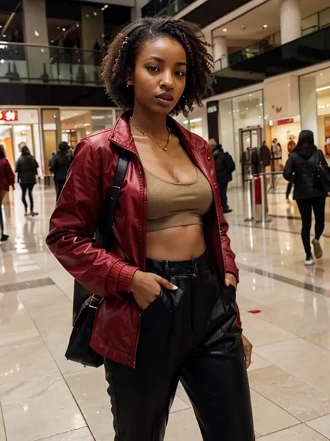 A lighskinned ethopian woman wearing a red jacket and black pants in the mall