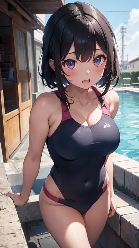 mastute piece,Best Quality,insanely detailed,8k cg,
shoot upper body,
1girl,standing,body in front,looking at viewer,(navyblue school swimsuit),
blush,shy,(trembling:1.2),pink hair,break,open mouth,large breast,poolside,