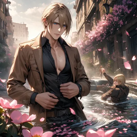 absurdres, highres, ultra detailed, HDR, masterpiece, Leon S Kennedy, blond-brown hair, expressive blue eyes, Resident Evil 6, 1man, handsome, brown coat, tight black shirt, toned chest, water, pink flowers, pink petals, pink butterflies, blossoms