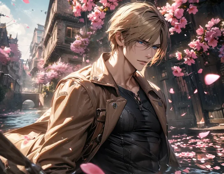 absurdres, highres, ultra detailed, HDR, masterpiece, Leon S Kennedy, blond-brown hair, expressive blue eyes, Resident Evil 6, 1man, handsome, brown coat, tight black shirt, toned chest, water, pink flowers, pink petals, pink butterflies, blossoms