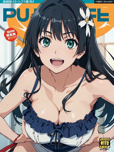 hustlercover, (High resolution:1.4), (masutepiece:1.2), (High quality:1.3) 1girl, saten ruiko, hair ornament, green eyes, long hair, black hair, small breast, huge smile. open mouth