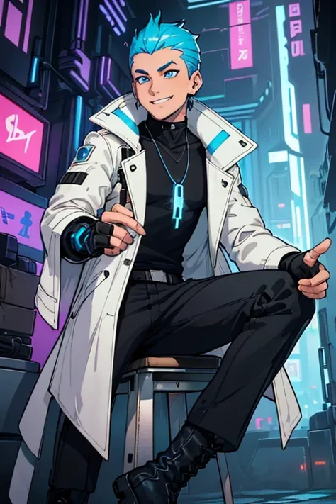 male, brownish tan short hair, blue eyes, (((1boy))), (((white cyberpunk coat with blue trim))), (black long sleeve v-neck t-shirt), (necklace with dragon head pendant), (black pants with blue trim), (black white cybernetic boots), (black fingerless gloves...