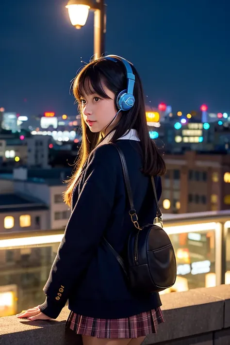 Animation, Listening to music with headphones, School girl, Girl in , Rear view, View of bustling city, Night