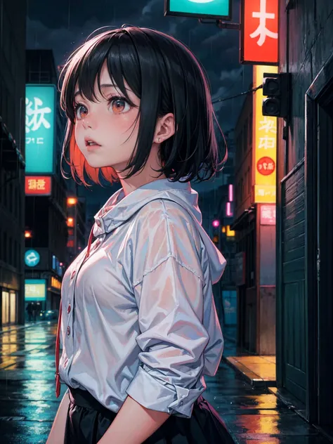 Cute woman、Master Painting，optimal quality，rain，Adult women，beauty、Very depressing，With short black hair，is crying，When I look up at the cloudy sky、Neon street in the background、Neon color is blue.Has red eyes、