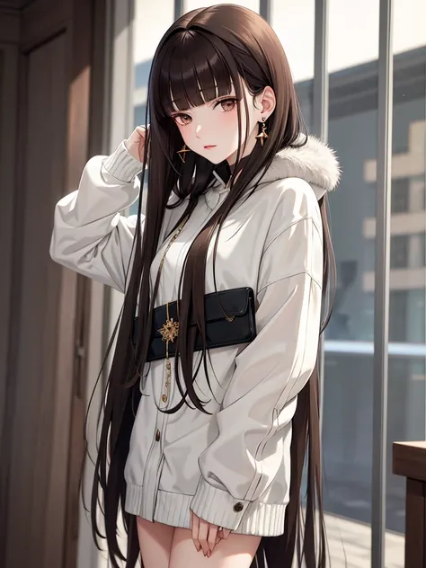 masterpiece, highest quality, pixiv, Cool girl, Lots of Earrings, Earrings, Dark brown hair, fur, Blunt bangs, Straight bangs, Grey Eyes, Pale skin, gallon, Improve