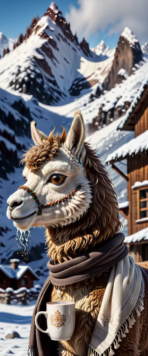 ((an alpaca in the Andes, with a scarf around his neck, winter blur on his head, drinking a steaming cup of chocolate:1.5)), ((snow, all snowy:1.5)), realistic:1.3,( photorealistic , 8k, RAW Photos, Premium quality, masterpiece, epic lighting, Centered ima...