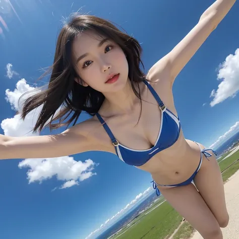 Skydiving at an altitude of 4000 meters、Clear blue sky and clouds、She is a beautiful Japanese woman with medium-long bob hair..、very cute, Spread your arms and legs and enjoy.、Sensual Style、She is wearing a very sexy micro bikini swimsuit...、she is looking...