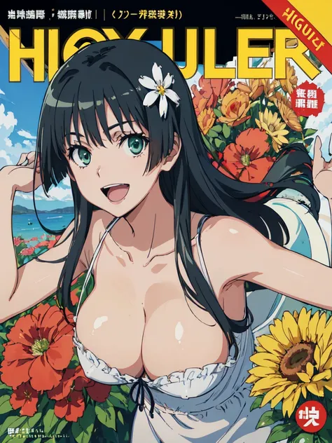 hustlercover, (High resolution:1.4), (masutepiece:1.2), (High quality:1.3) 1girl, saten ruiko, hair ornament, green eyes, long hair, black hair, small breast, huge smile. open mouth