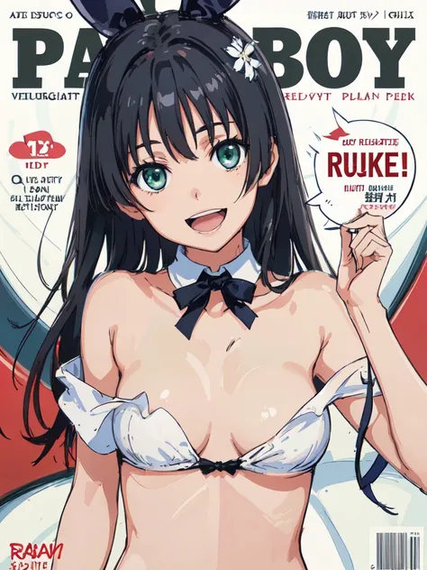 PlayboyCoverQuiron style, playboy cover, (High resolution:1.4), (masutepiece:1.2), (High quality:1.3) 1girl, saten ruiko, green eyes, long hair, black hair, small breast, smile, open mouth