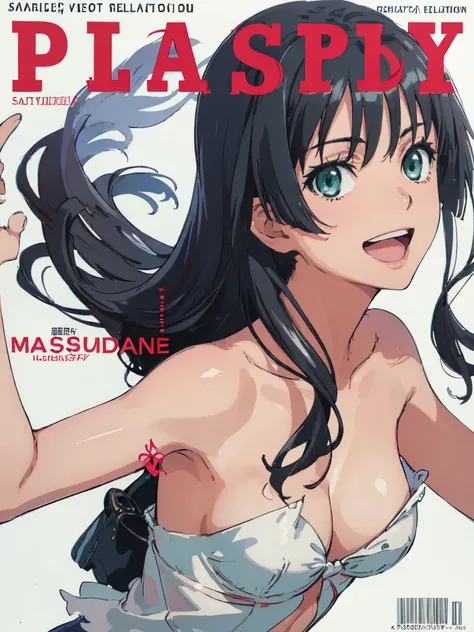 PlayboyCoverQuiron style, playboy cover, (High resolution:1.4), (masutepiece:1.2), (High quality:1.3) 1girl, saten ruiko, green eyes, long hair, black hair, small breast, smile, open mouth