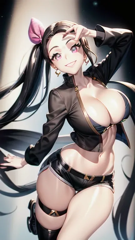 ubel,((ubel of Frieren: Beyond Journeys End )),dark green hair,long hair,side ponytail,hair between eyes,bangs, BREAK (beret, black jacket, open clothes, cleavage, midriff, black shorts, black thighhighs, thigh strap, fingerless gloves, single glove:1.2) ,...