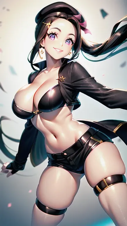 ubel,((ubel of Frieren: Beyond Journeys End )),dark green hair,long hair,side ponytail,hair between eyes,bangs, BREAK (beret, black jacket, open clothes, cleavage, midriff, black shorts, black thighhighs, thigh strap, fingerless gloves, single glove:1.2) ,...