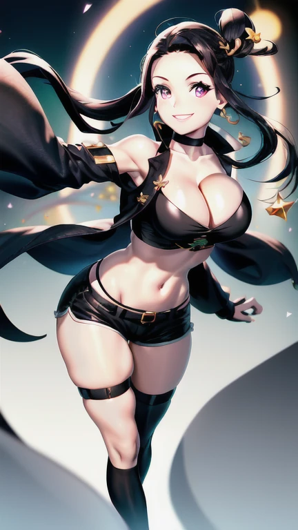 ubel,((ubel of Frieren: Beyond Journeys End )),dark green hair,long hair,side ponytail,hair between eyes,bangs, BREAK (beret, black jacket, open clothes, cleavage, midriff, black shorts, black thighhighs, thigh strap, fingerless gloves, single glove:1.2) ,...