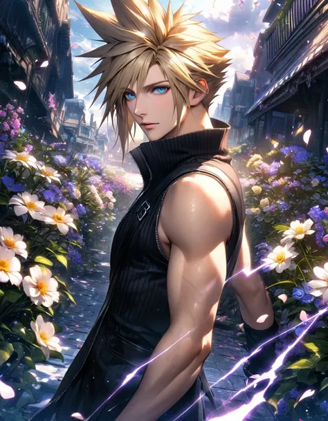 Ultra detailed, Highres, absurdres, HDR, Cloud Strife, blue eyes, blond hair, Final Fantasy VII Advent Children, purple lightning, handsome, 1 man only, very detailed face and eyes, flowers and petals