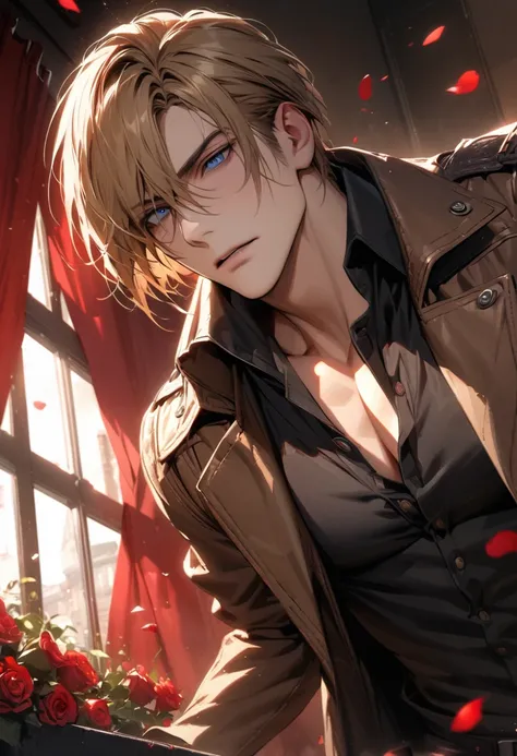 absurdres, highres, ultra detailed, HDR, masterpiece, extremely detailed face and eyes, Leon S Kennedy, blond-brown hair, expressive blue eyes, Resident Evil 6, 1man, handsome, brown coat, tight black shirt, toned chest, window, red curtains, petals, roses