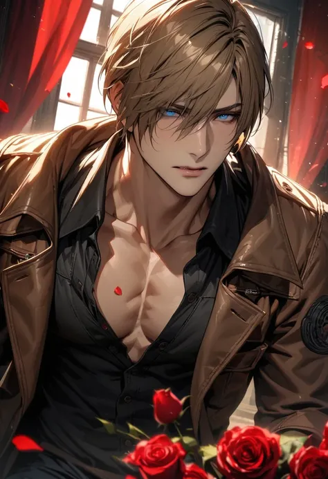 absurdres, highres, ultra detailed, HDR, masterpiece, extremely detailed face and eyes, Leon S Kennedy, blond-brown hair, expressive blue eyes, Resident Evil 6, 1man, handsome, brown coat, tight black shirt, toned chest, window, red curtains, petals, roses